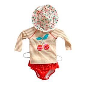 Baby Boden 3-Piece Hat Shirt Bottoms Cherry Rashguard Swimsuit Size 3-6mo 68cm